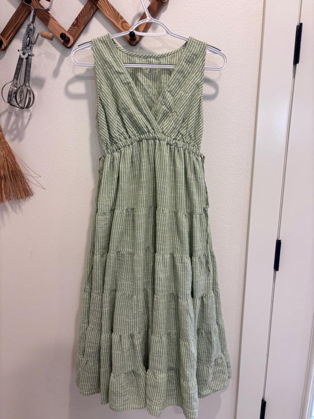 Max Studio Light Green Striped Tiered V-Neck Dress